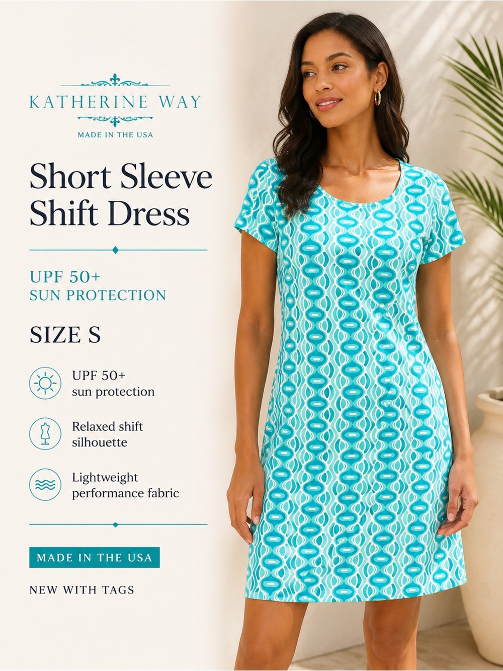 Katherine Way NWT Aqua Geometric Short Sleeve Shift Dress Size S UPF 50+